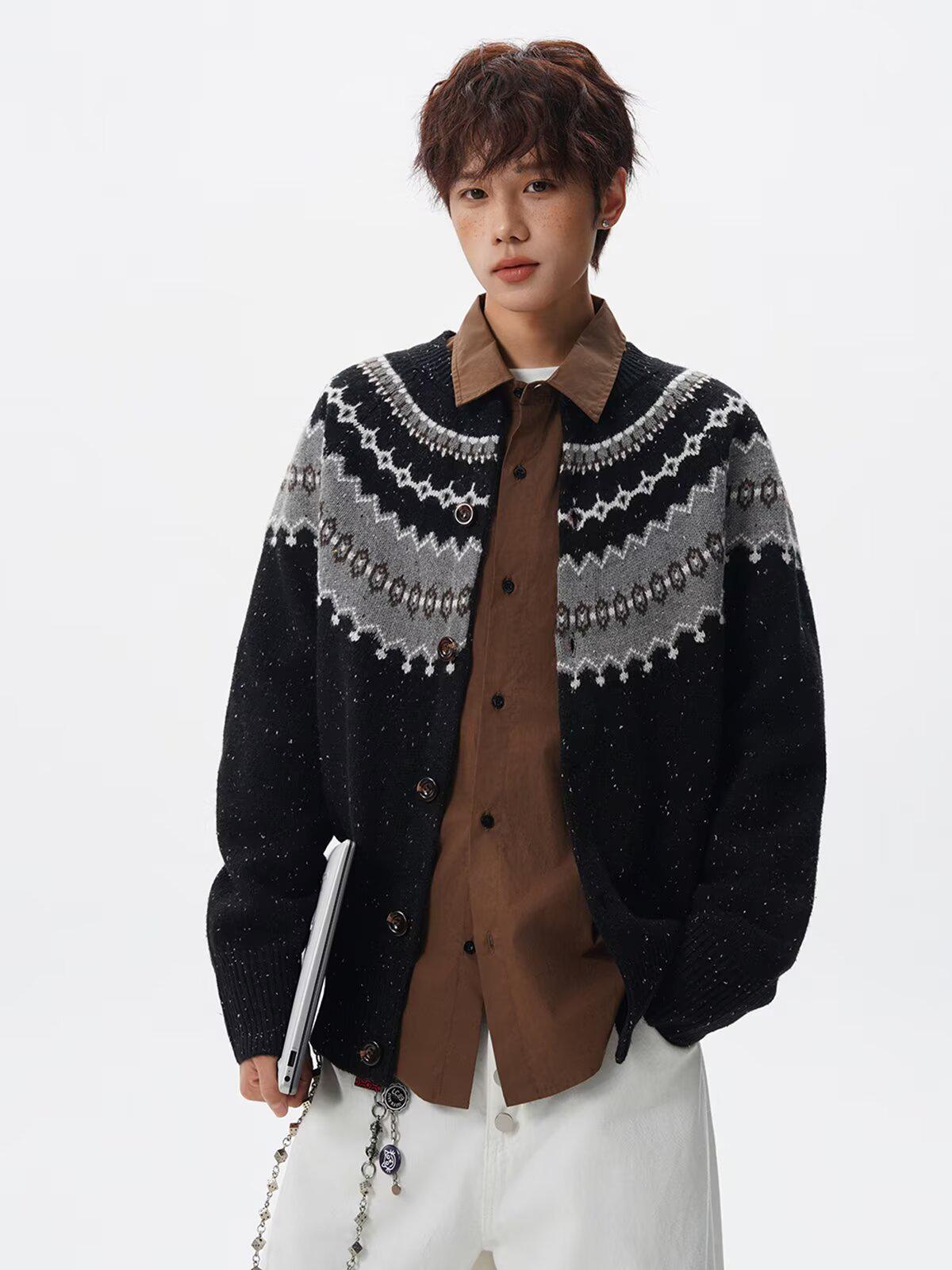 

Men s Retro Fair Isle Wool Cardigan Sweater - Winter Lazy Style Knitwear L чорний