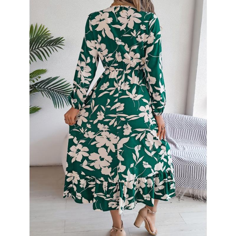 Women's Autumn/winter Casual Flower Waist Tucked Long Sleeve Ruffled Dress