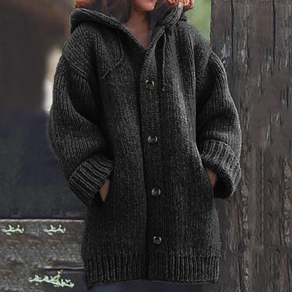 Frauen Casual Warm Lose Knopf Hoodie Stricken Pullover Lange Tops Bluse Pullover