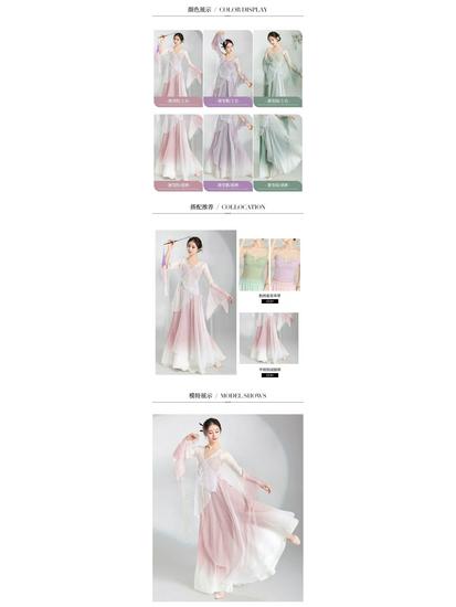 Klassisches chinesisches Tanzkostüm-Set mit fließendem Gazerock und Oberteil