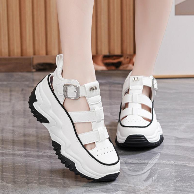Sandale de vară pentru femei din piele PU 2026 Noi Platformă Hollow Pană Pantofi Casual Exterior Respirabili Înălțare 4CM Adidași De Mujer