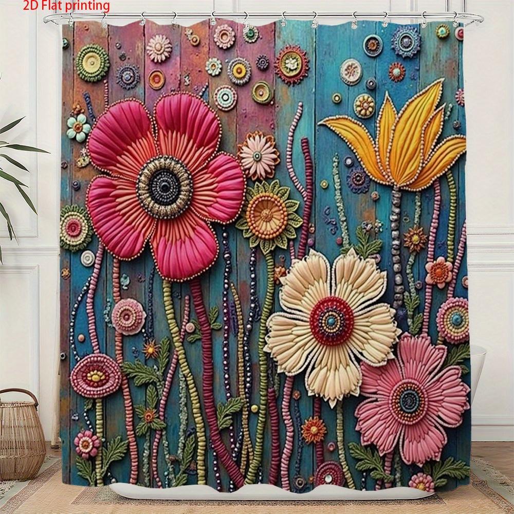 

Colorful 3D Floral Patterned Shower Curtain Bright Flowers Textured Fabric Bathroom Decor With Hooks For Bathtub Wall Art W60H190(CM)-1 Pcs