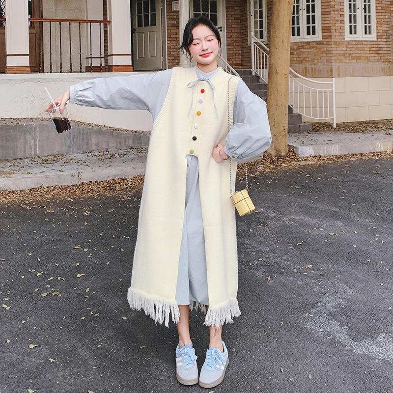 Women's Spring 2025 Playful Two-Piece: Colorful Button Shirt Dress & Tassel Knit Vest Suit