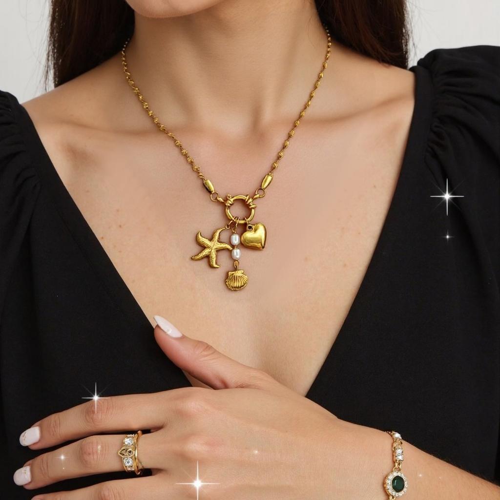 Trendy Women Necklace Stainless Steel Necklace Everyday Wear Necklace Heart Starfish Shell Jewelry Suitable for Woman