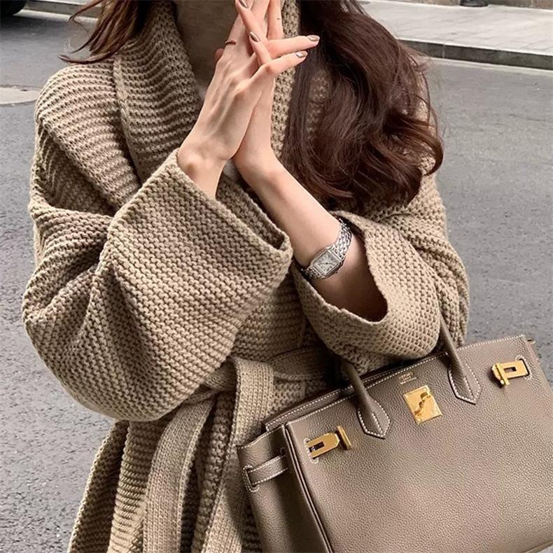 

Sensory collar knitted cardigan jacket top autumn and winter lazy wind waist strap thick sweater for women one size fits all хаки