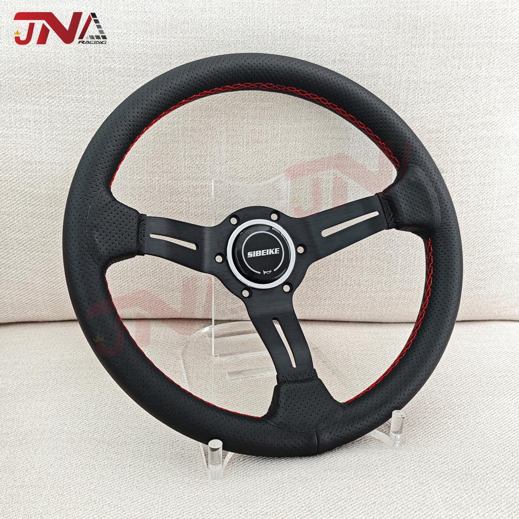 14inch 350mm Aluminum Spoke Perforated Leather Auto Racing Steering Wheel Deep Corn Drifting Sport Steering Wheel Red Line