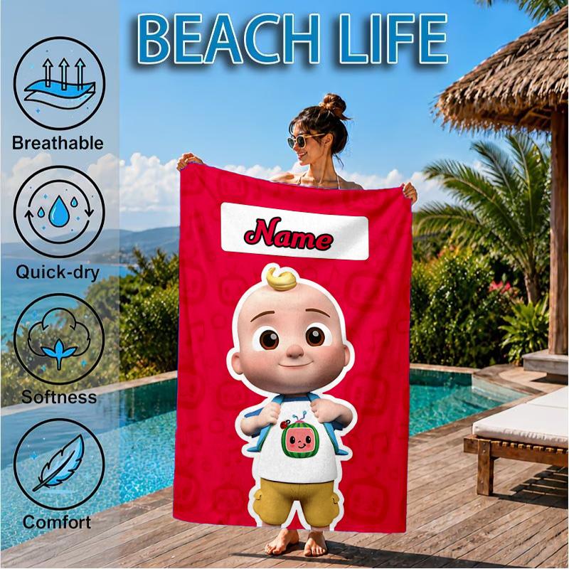 Custom Name Coco-melon Adventure Beach Towel Microfiber Beach Towel, Lightweight and Quick-Dry, for Summer Travel, Swimming Pool Gift