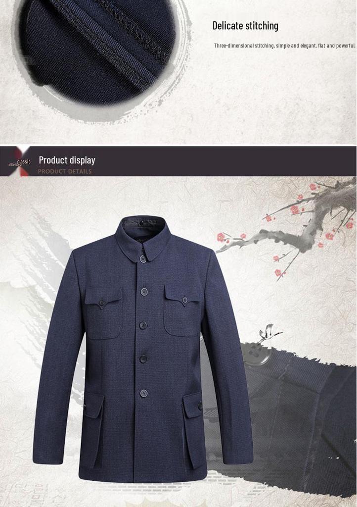 Traje de Verano Zhongshan: Chaqueta Estilo Militar de Abuelo para Hombres de Mediana Edad