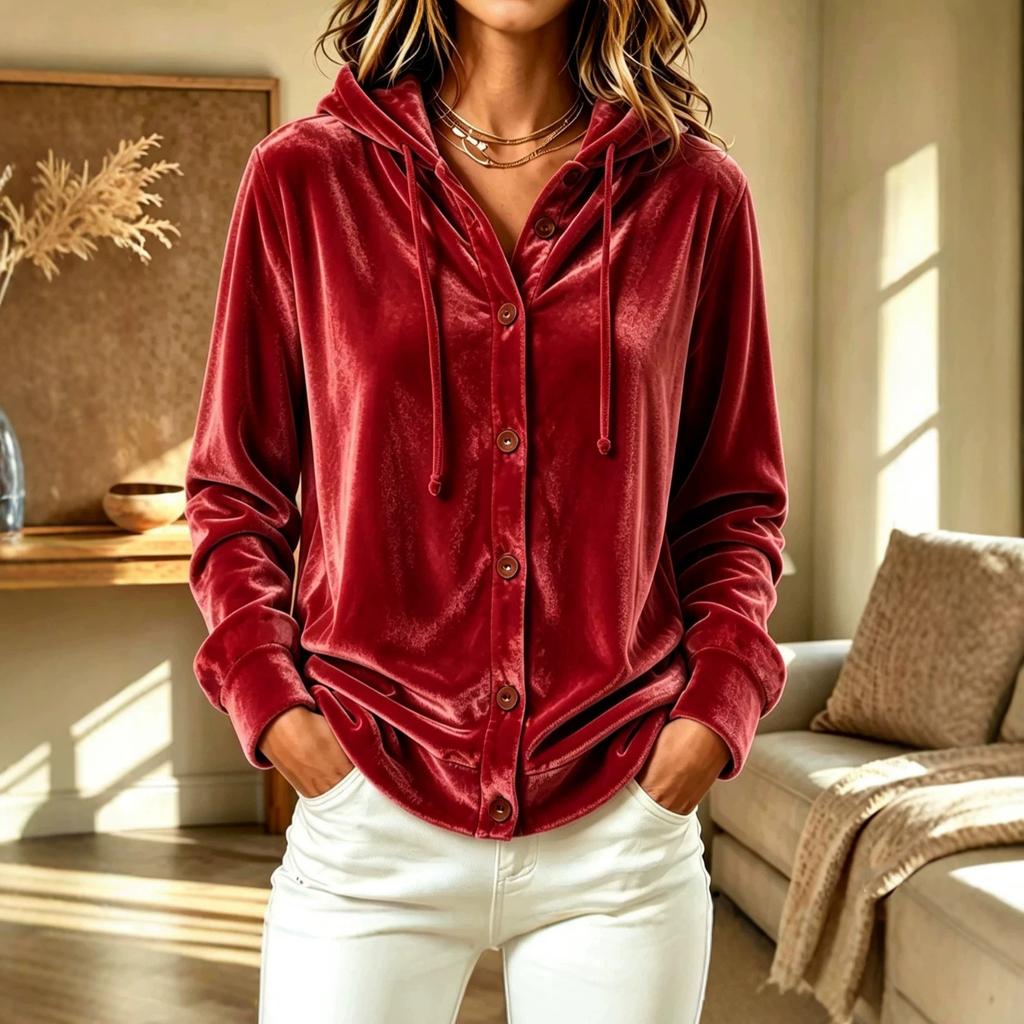 Women S Velvet Hooded Coat Button Drawstring Loose Fit Casual Top