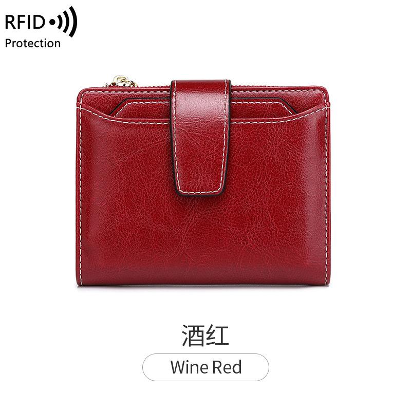 Neue Damen Geldbörse Reißverschluss Schnalle Kartenetui Ölwachsleder Wechselgeldfach Mode Kurze Geldbörse