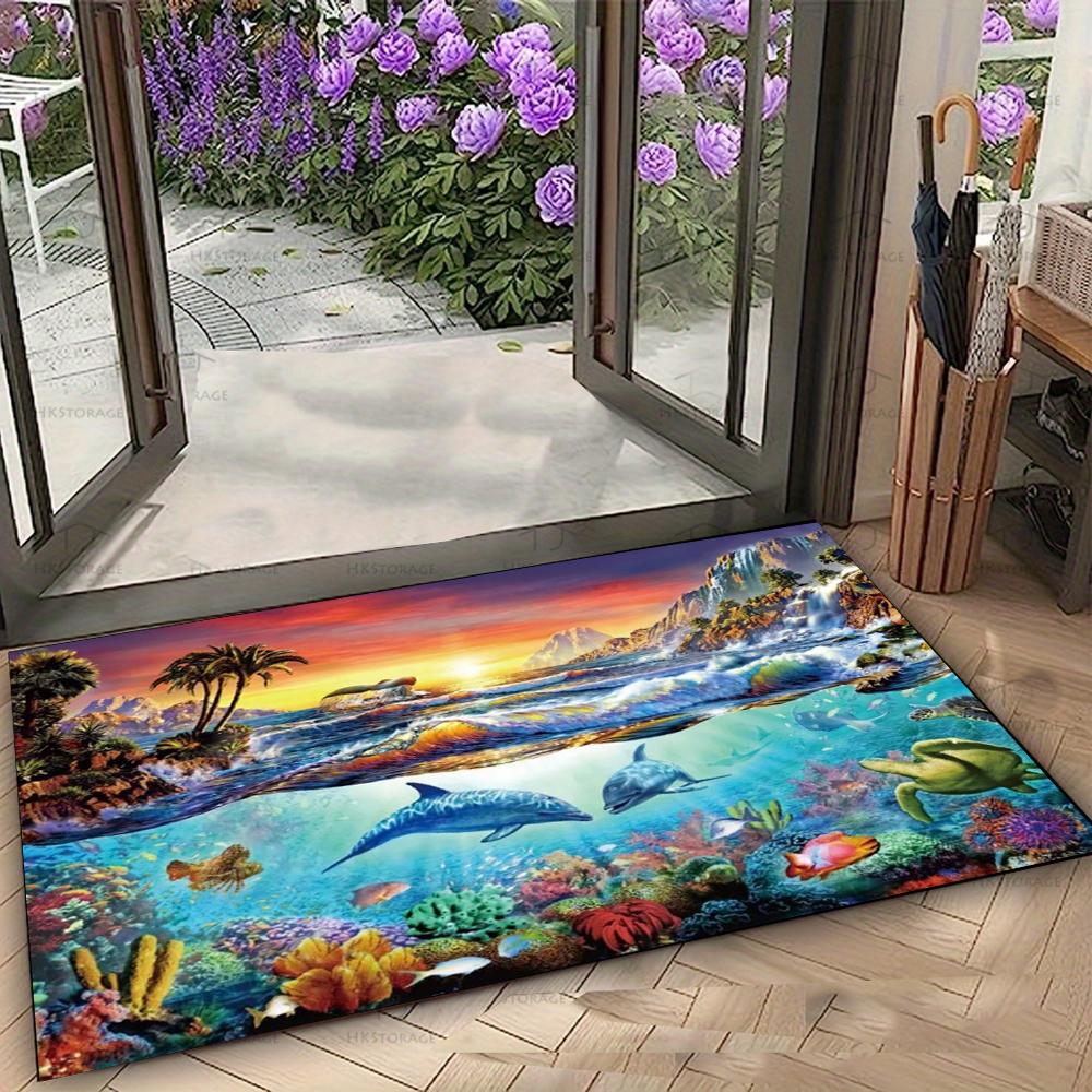 Lebendiger Meeresleben Fußmatte mit Meeresschildkröten und tropischen Fischen Rutschfester Boden Teppich für Eingang Heim Dekorative Matte
