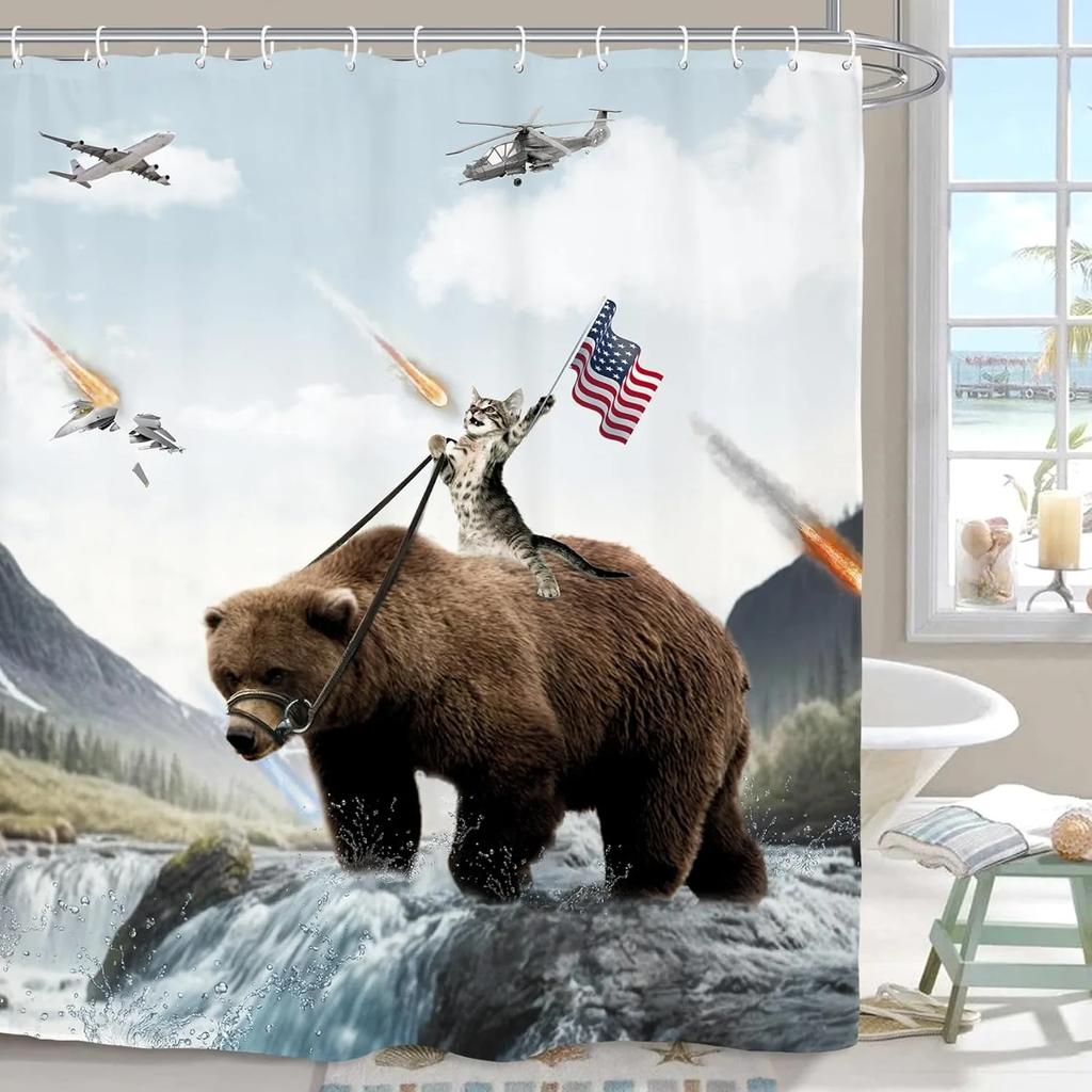 Cute Funny Dog Shower Curtain Cat Riding Dinosaur Funny Pet Cartoon Shower Curtain Boys Girls Bathroom Decor Shower Curtains