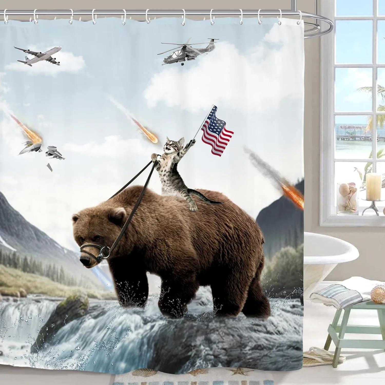 

Милая забавная шторка для душа с собакой, кот катается на динозавре, забавная мультяшная шторка для душа с питомцем, декор для ванной комнаты для мальчиков и девочек, шторки для душа 90x180cm35x71in