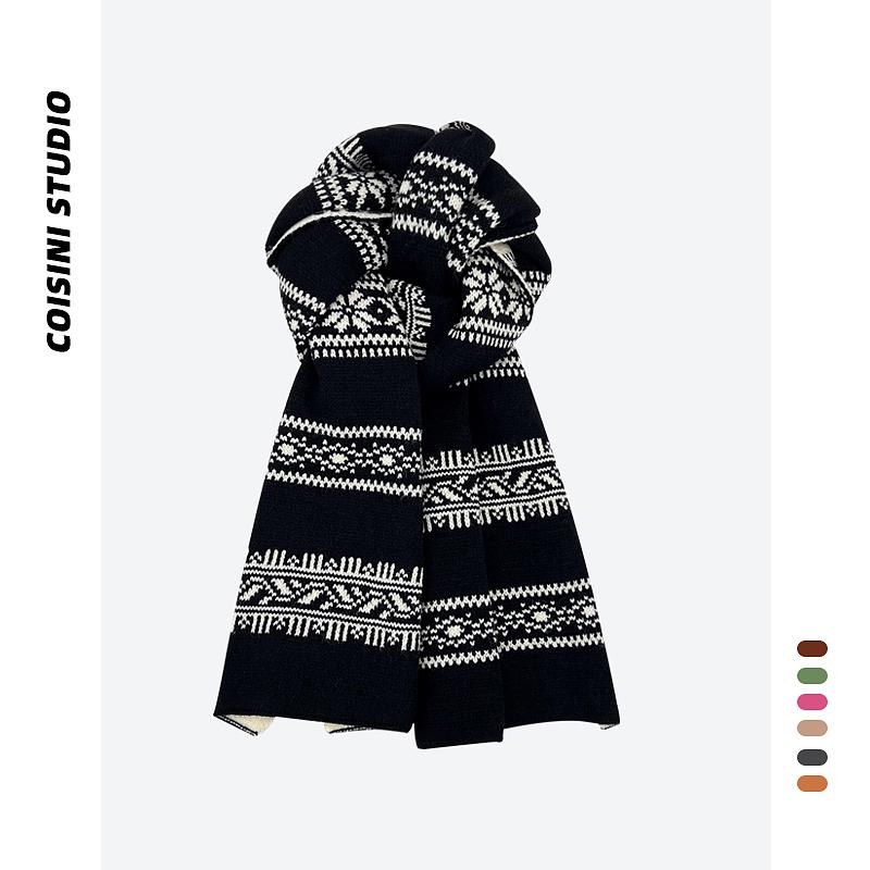 2024 Women s Winter Fair Isle Knit Double-Sided Snowflake Scarf - Black Over 175cm чёрный