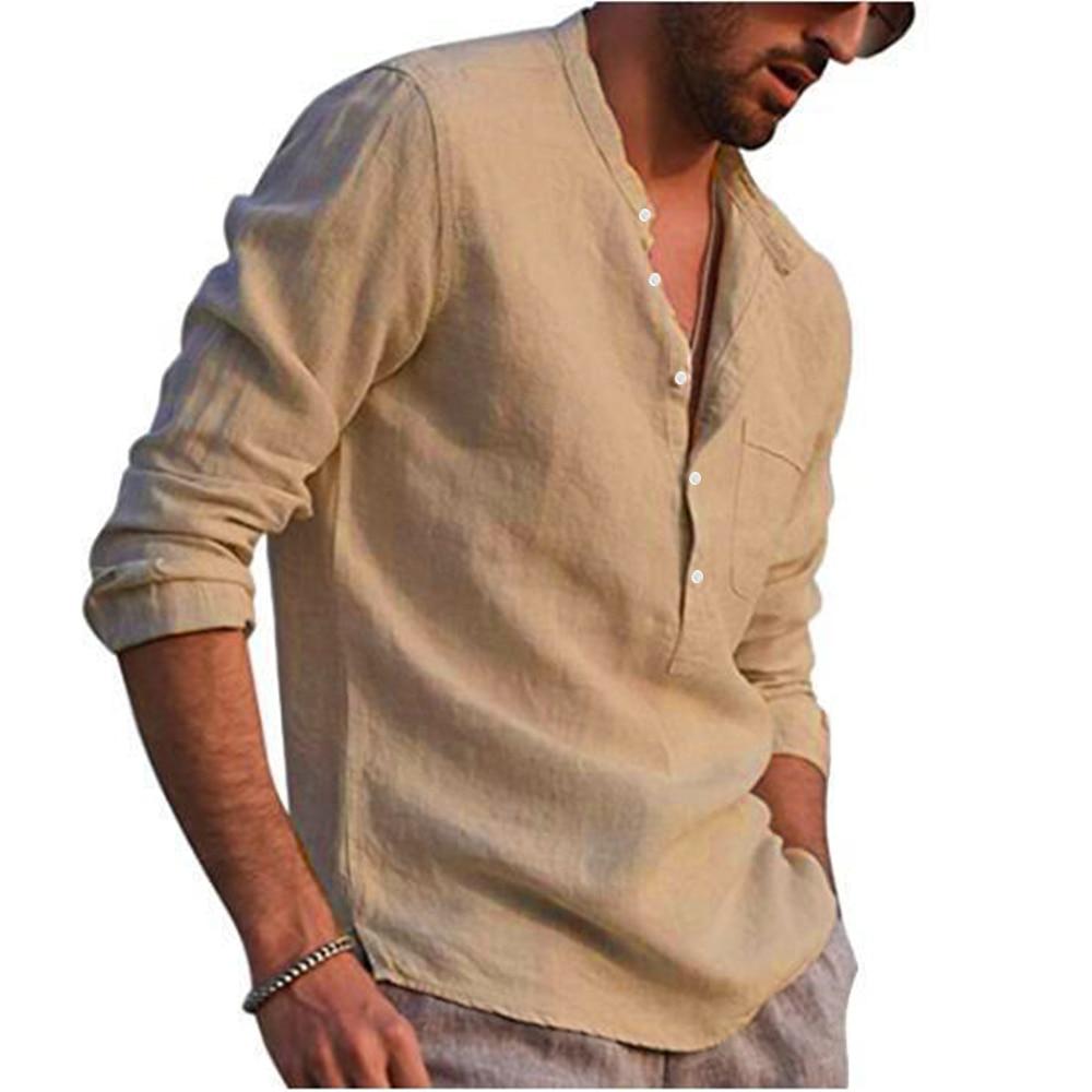 Camicie a maniche lunghe da uomo in cotone e lino, colletto alto, tinta unita estiva, stile casual da spiaggia, taglie forti