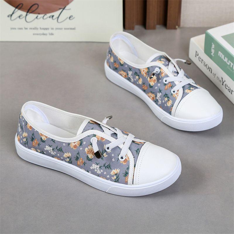 Printing Lace Up Women's Canvas Shoes Flat Spring Autumn Ladies Footwear Deals Cotton Original Korean Y2k Fashion 2025 Trends 39