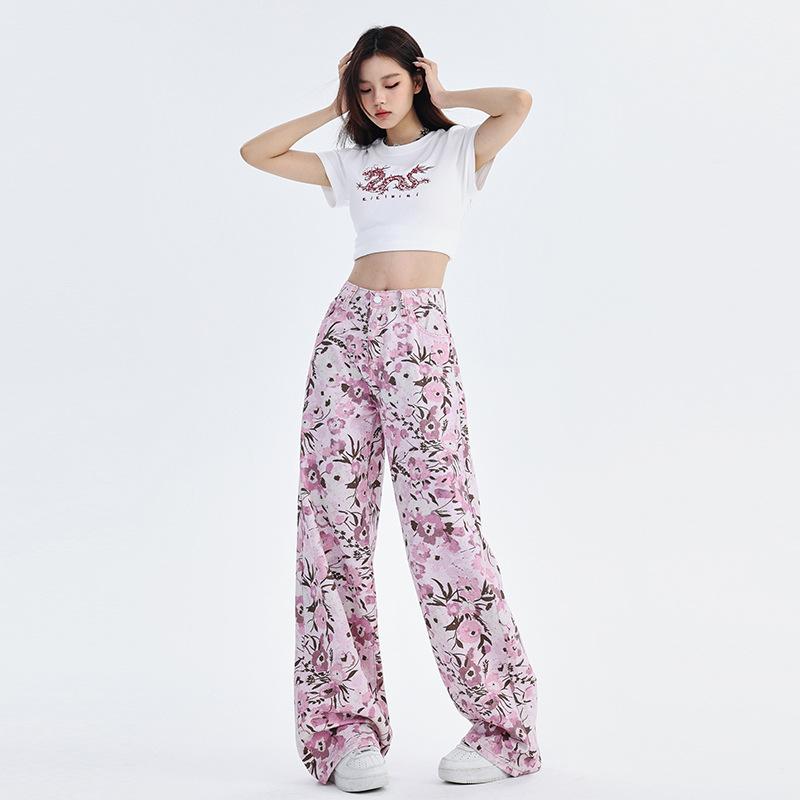 Retro Floral Print Trendy Loose Straight Wide-leg Jeans for Women In Autumn Casual Pants for Women In Autumn High Waist Slimming