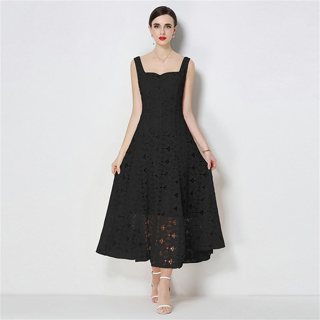 Elegant Sommer Heklet Broderi Blonder Lange Kjoler Dame   Sexy Tynn Stropp Kveldsfestkjole Vestidos De Fiesta