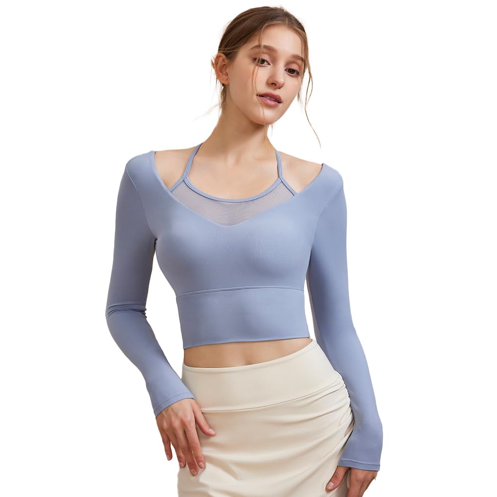 

Yomoment Сетчатый топ-бра с имитацией многослойности с топом для йоги с длинным рукавом и чашками, синий