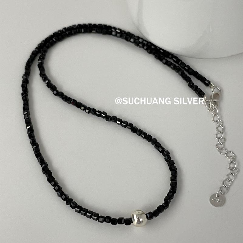 S925 Sterling Silver Black Agate Necklace & Bracelet Set for Women - Luxury Natural Stone Jewelry