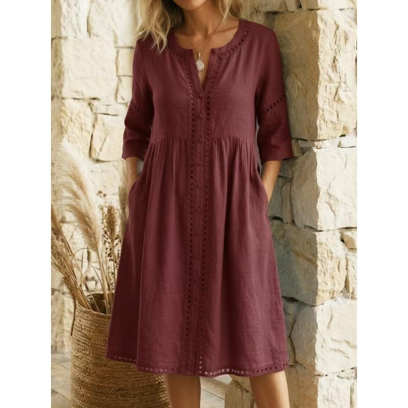 JPNTKY Fashion Summer Spring Solid Color Print V-Neck 3/4 Sleeves Casual Dresses