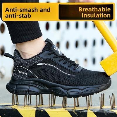Men's Casual Sports Safety Shoes Insulating Anti-crush and Anti-puncture Work Shoes Outdoor Breathable Mesh Black Running Shoes