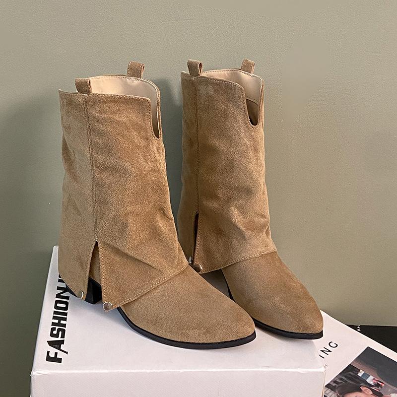 Thick heel pointed trousers boots fried street one pedal small short boots women's 2025 autumn and winter new brown western cowboy boots