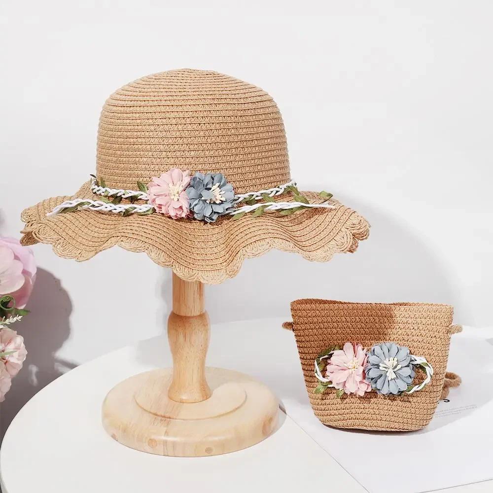 New Summer Kids Flower Caps Bag Girl Sandy Beach Hat Baby Coin Cute Weave Straw Purse Children's Messenger Backpack