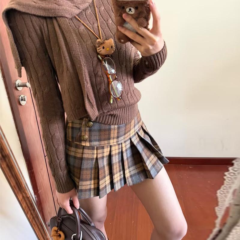 Saidi 2026 American Retro Wool Plaid High-Waist A-Line Skirt Small кофейный