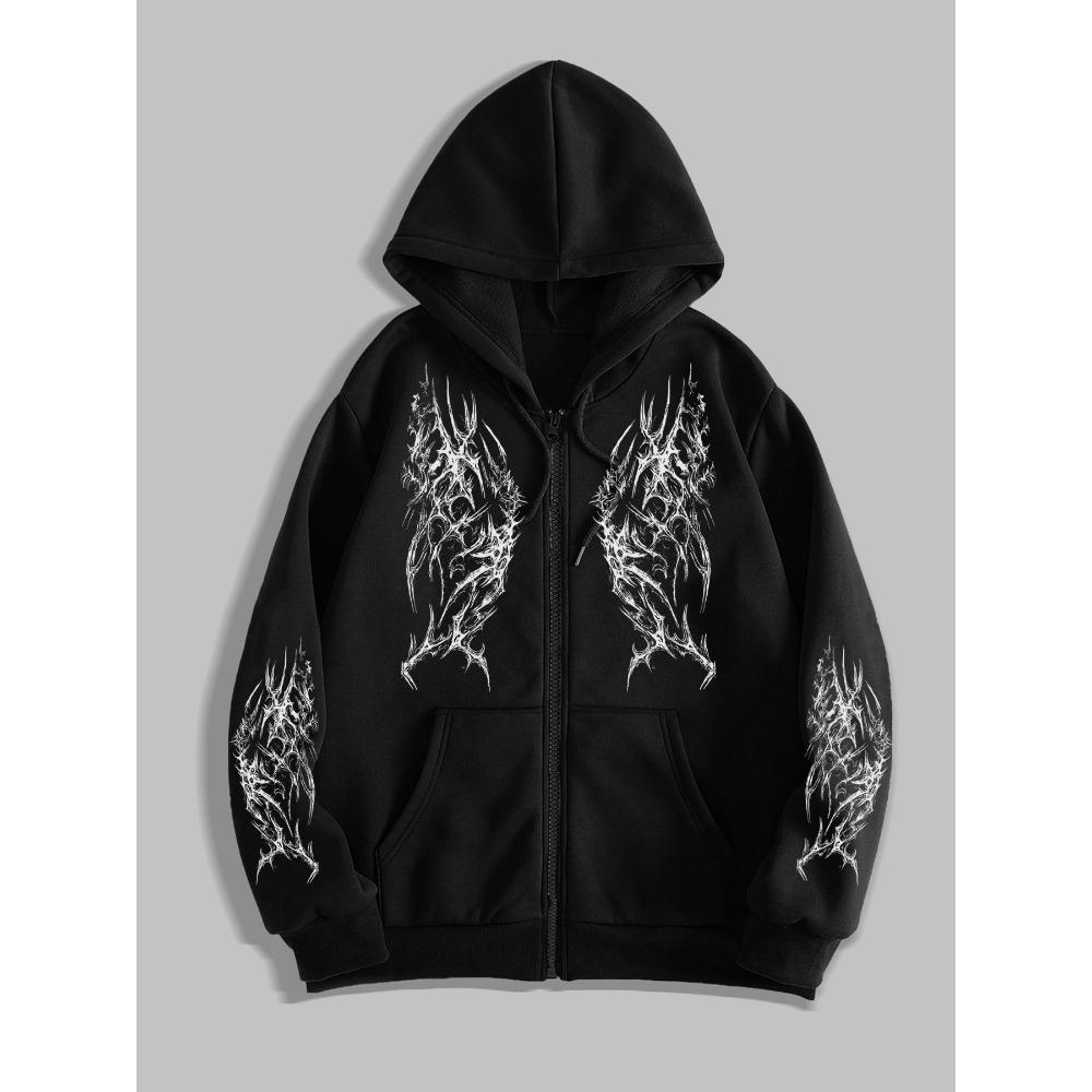 Y2K Gothic Dunkler Print Reißverschluss Hoodie, Modischer Streetwear Reißverschluss Hoodie, Geeignet für Freizeit Anlässe