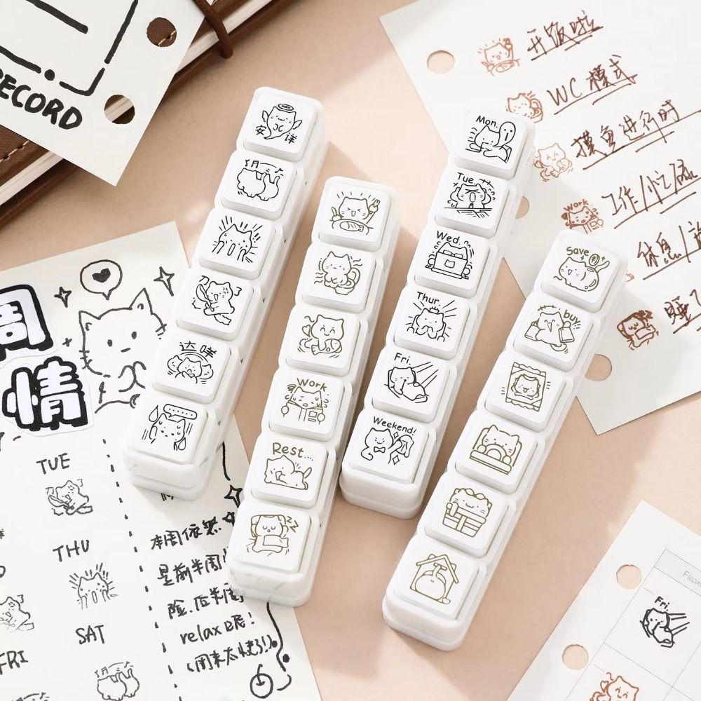 6Pcs Six Seal Set Kawaii Kitten Seal Black/Brown Cartoon Pattern Stamps Cute Cat Stamp  DIY Craft