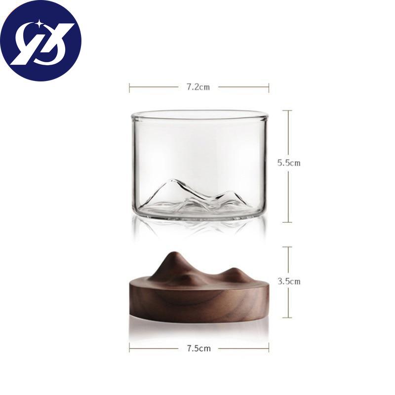 120ML Transparent Mountain W skey Glass with Wooden Base Heat Resistant Beer Glass Wine Water Tea Cup Set Bar Drinkware