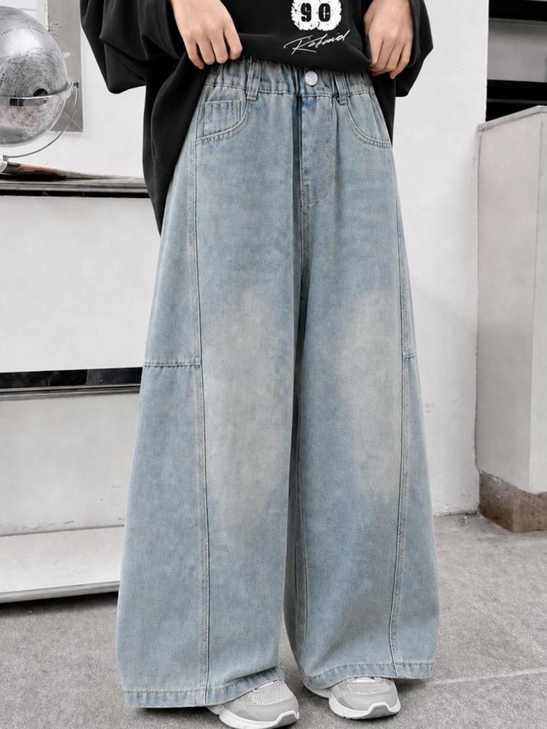 Girls' Autumn 2026 Wide Leg Jeans: Trendy Loose Fit Straight Banana Pants for Medium and Large Children