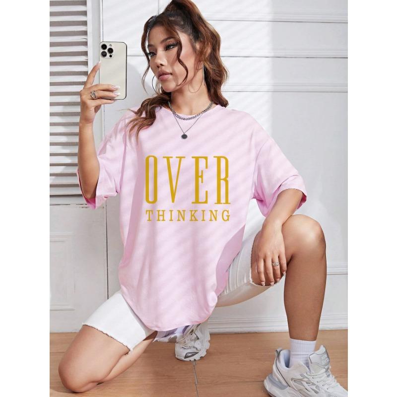 Plus Over Thinking Letter Print Women Cotton Short Sleeve Breathable O-Neck Tops All-math Casual T-Shirts Female Tee Clothing