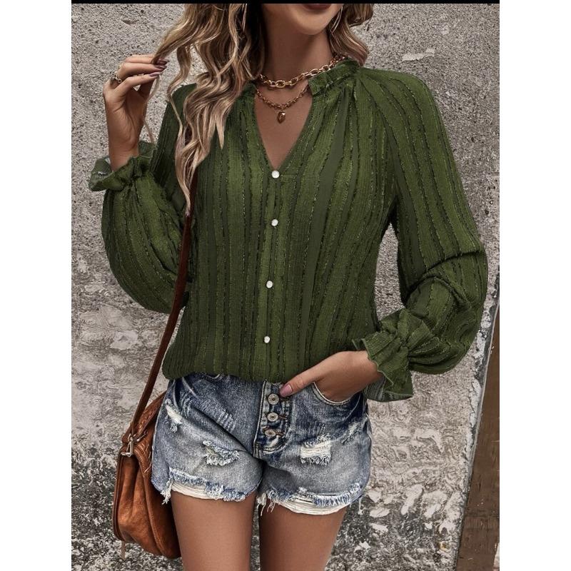 Vår- og høstbluse for kvinner Halvåpen hals med volangermer Chiffongstriper Temperament Elegant langermet topp