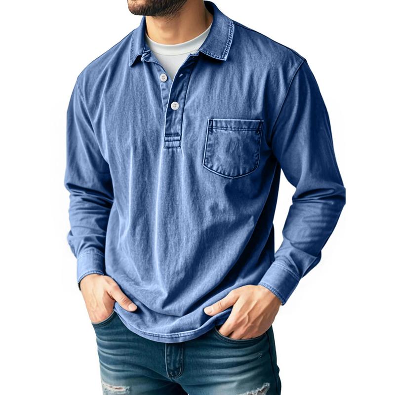 Spring Autumn Men's Retro Solid Color Cotton Polo Shirts Washed Sports Button Pocket Lapel Collar Long Sleeve Tops