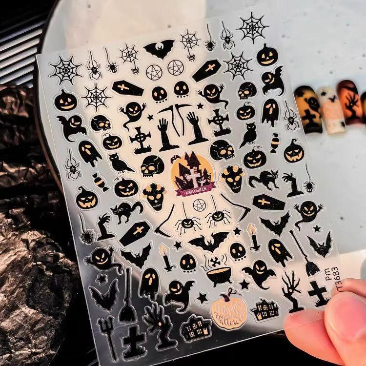 3D Halloween Nail Art Stickers: Cute Cartoon Pumpkin & Ghost Design