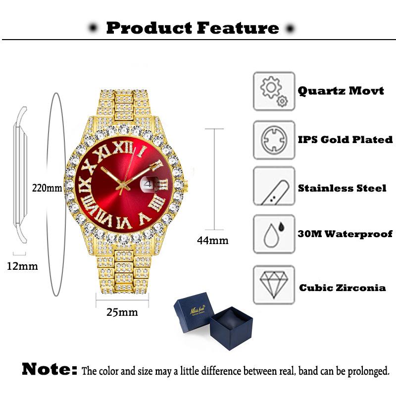 MISSFOX Iced Out Quartz Watch for Men Hip Hop Fashion Cool Bling Bling Diamond Luxury Watches Mens Stainless Steel Waterproof Luminous Wristwatch