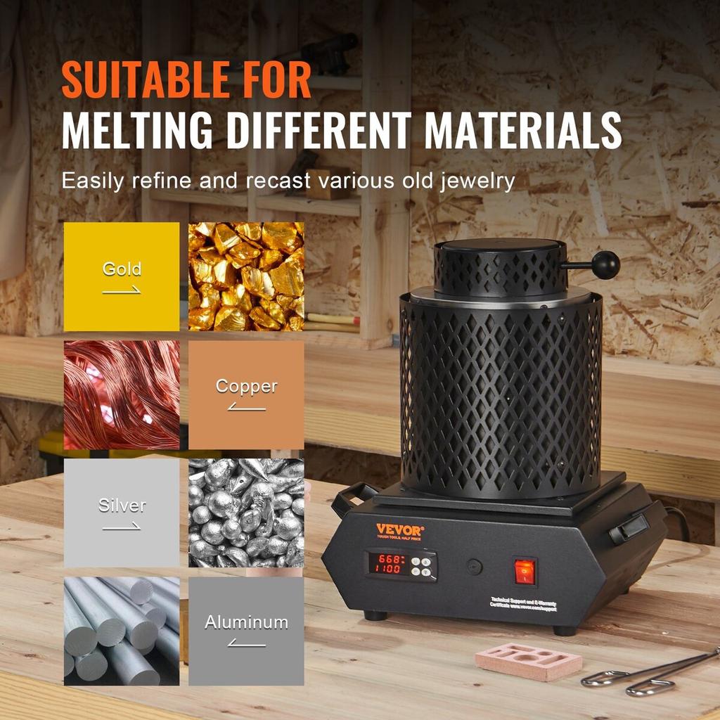 Four de fusion de l'or, 1350 W, Température maximale de 1150 °C, Four de fusion électrique numérique avec creusets en céramique de 1 kg et 3 kg, Pinces à creuset, et
