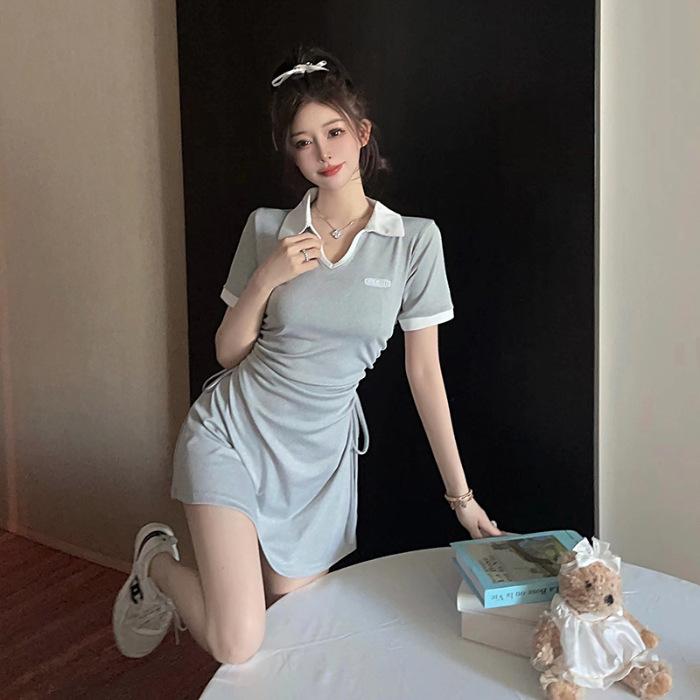 [Real Shot] French College Style Polo Collar Hip Dress Pleated Summer New Women's Clothing Versatile and Thin Short