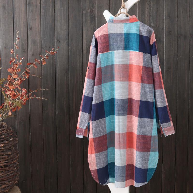 Women's Plaid Cotton Linen Shirt - Spring/Autumn, Mid-Length, Loose, Slimming, Casual Sun Protection Outwear
