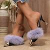 Women's Plush Mules High Heels  Metal Decoration, Pointed Toe Stiletto Sandals, Patent Leather Slippers, Fur Decoration, Sexy