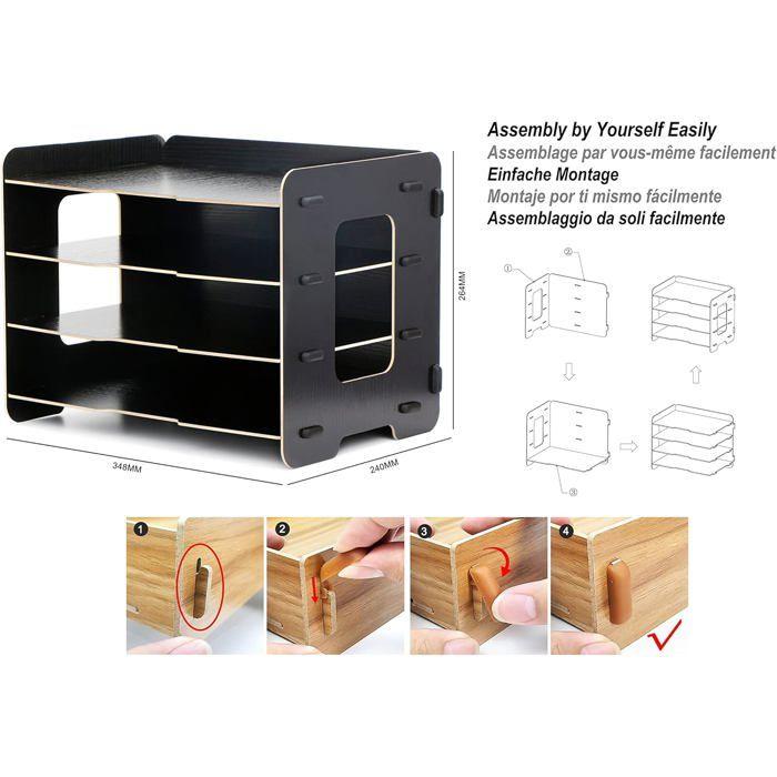EXERZ Organiseur de fichiers en bois 4 niveaux pour bureau, fournitures, devoirs, documents, lettres, magazines – Couleur noire
