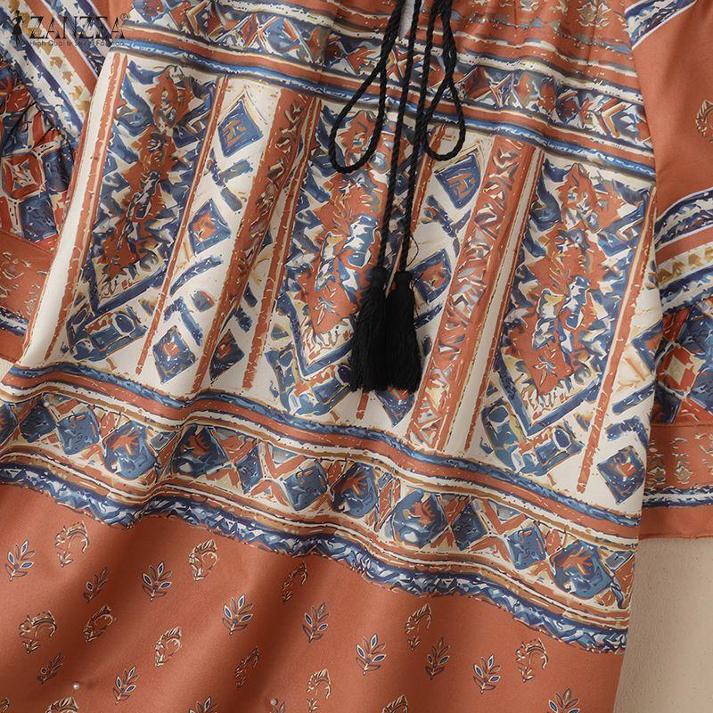 ZANZEA Women Summer Casual Square Collar Half Sleeve Loose Ethnic Print Blouse