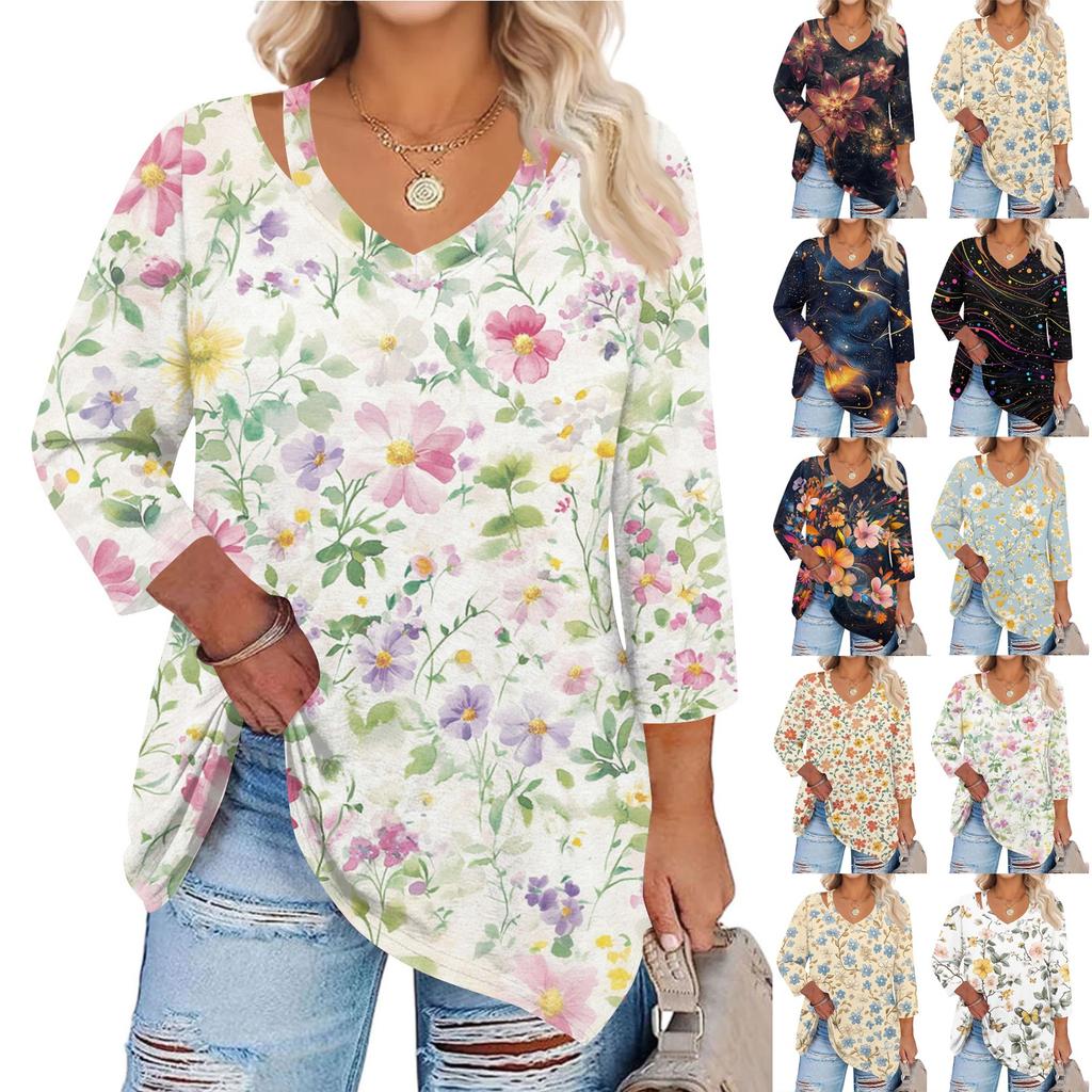 Women's Print Plus Size Tops Hollow V Neck 3/4 Sleeve Shirt Elegant Casual Tops