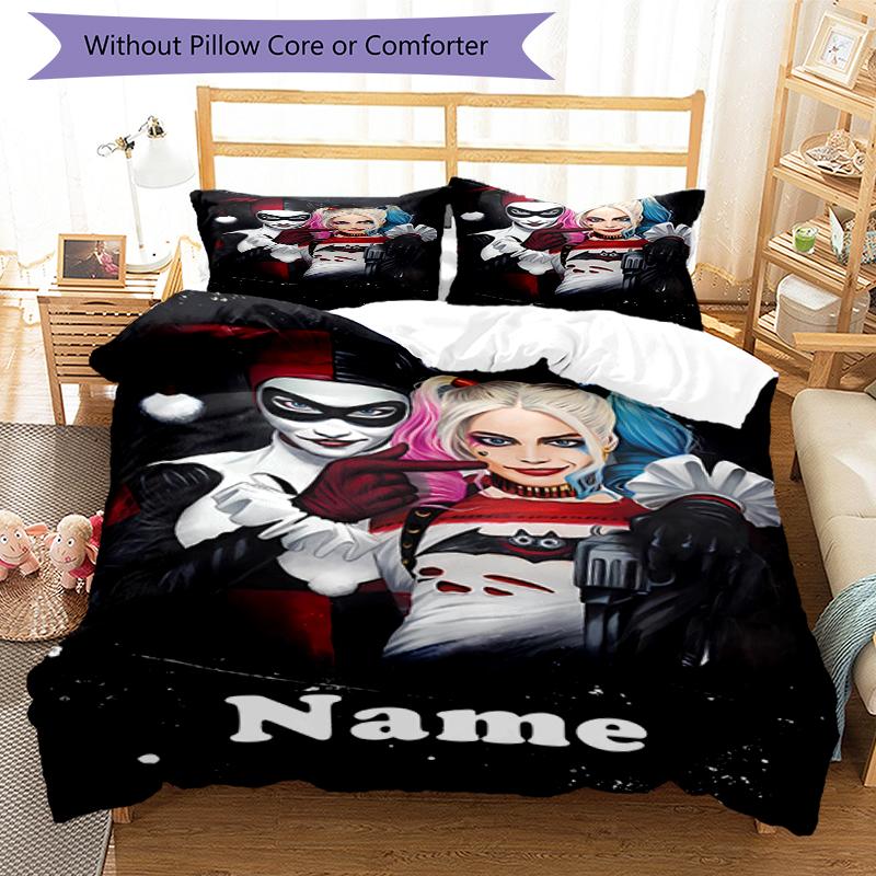 3pcs Custom Name Harley Quinn Bedding Set Duvet Cover Closure Includes 1 Duvet Cover & 2 Pillowcases, Soft and Comfortable for All Seasons.