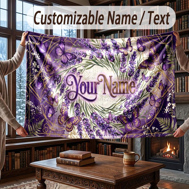 Butterfly Theme Throw Blanket Custom Name Text Personalized Blanket Soft Cozy Blanket for Home Sofa Bed