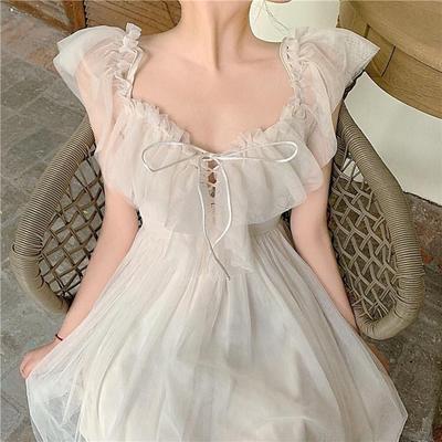 Süßes Kawaii-Feenprinzessin-Mesh-Kleid, elegantes weißes Spaghettiträger, schulterfreies Partykleid, Damenurlaub