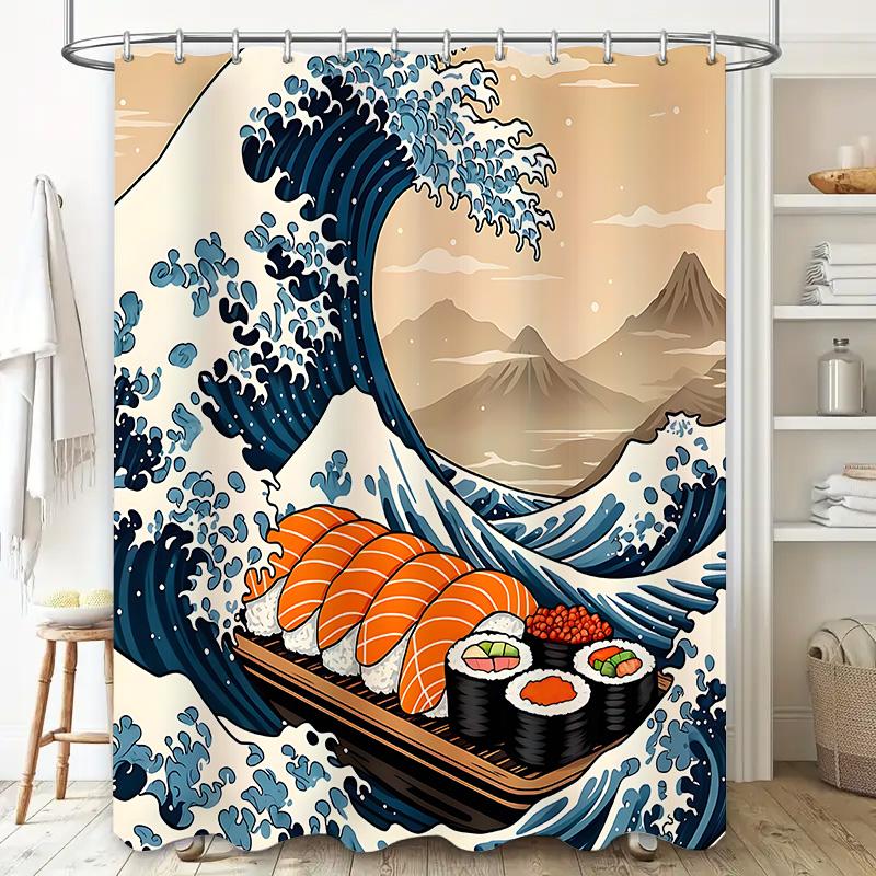 Sushi Wave Duschvorhang Einzigartiges Design Wasserdichtes Gewebe Mit Haken Ozeanstil Japanische Küche Thema Dekor Für Bad