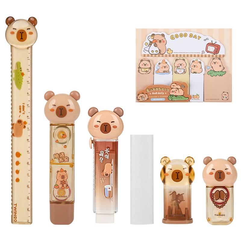 7pcs Capybara Stationery Set, Ruler & Correction Tape & Glue Tape & Eraser & Sticky Notes Value Pack, Student Reward Gift